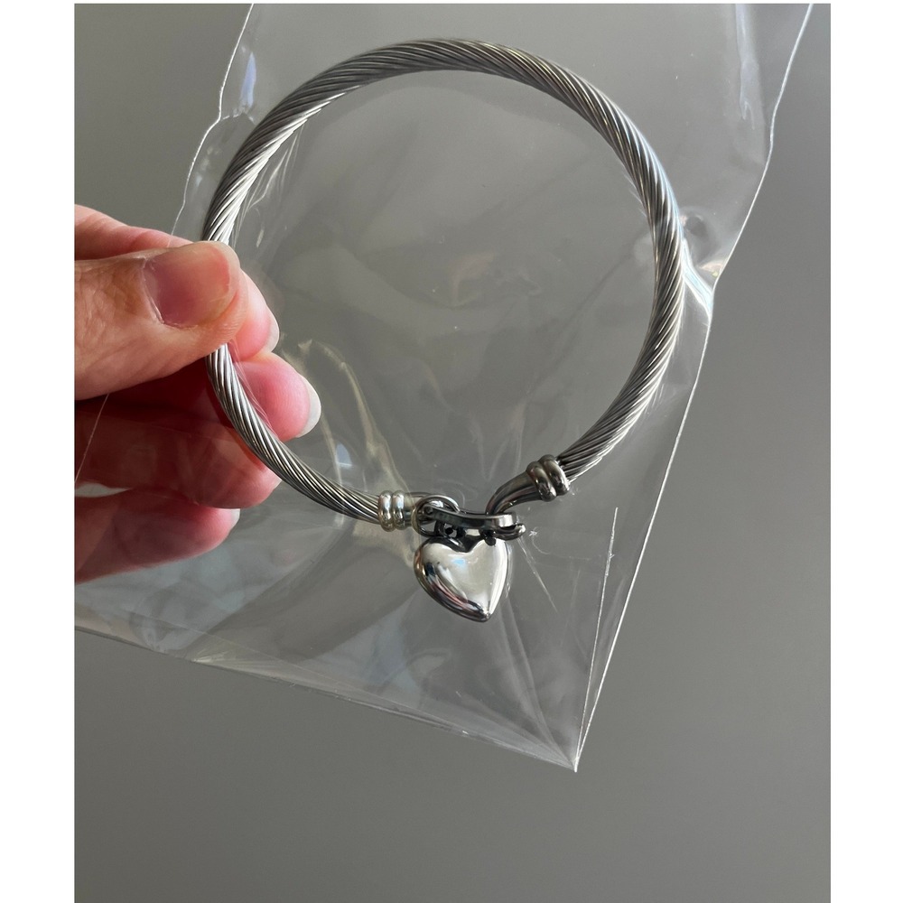 Silver Twisted Cable Wire Bangle Bracelet 925 Heart Cuff Minimalist Western Chic